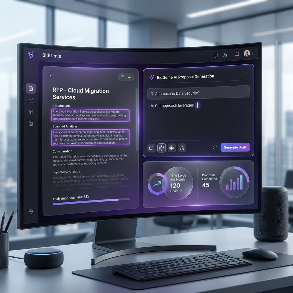 BidGenie workflow showing intake, drafting, review, and export